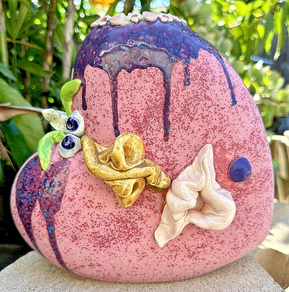 Salt Glaze Drip Vase Pink Ceramic Heart Funny Face & Floral Rim Signed
